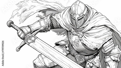 Fairy Tales: A coloring book illustration of a brave knight in shining armor © MAY
