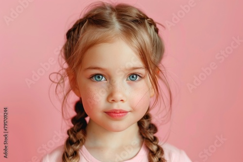 A young girl with braids wearing a pink shirt. Suitable for children's clothing or back to school concepts