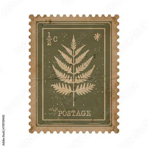 Retro Fern Branch Postage Stamp in Monochrome with Grunge Details. Old Faded Scrapbook Paper