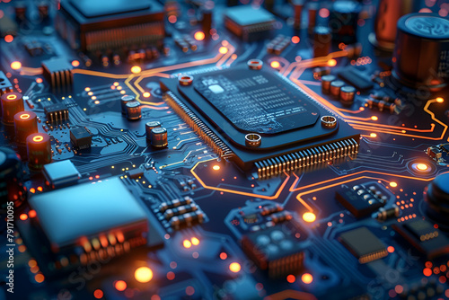 Blue Circuit Board with Many Elements 3D Rendering,
Central processor on circuit board orchestrates intricate electronic pathways and functionalities Vertical Mobile Wallpaper photo