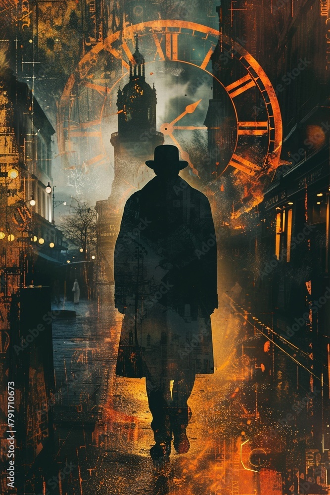 A visually stunning poster in the style of 19th-century France, using a double exposure to depict the connection between quantum entanglement and the possibility of time travel