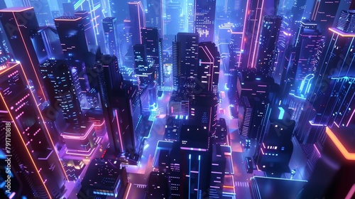 A futuristic 3D cityscape with sleek neon buildings  AI generated illustration © ArtStage