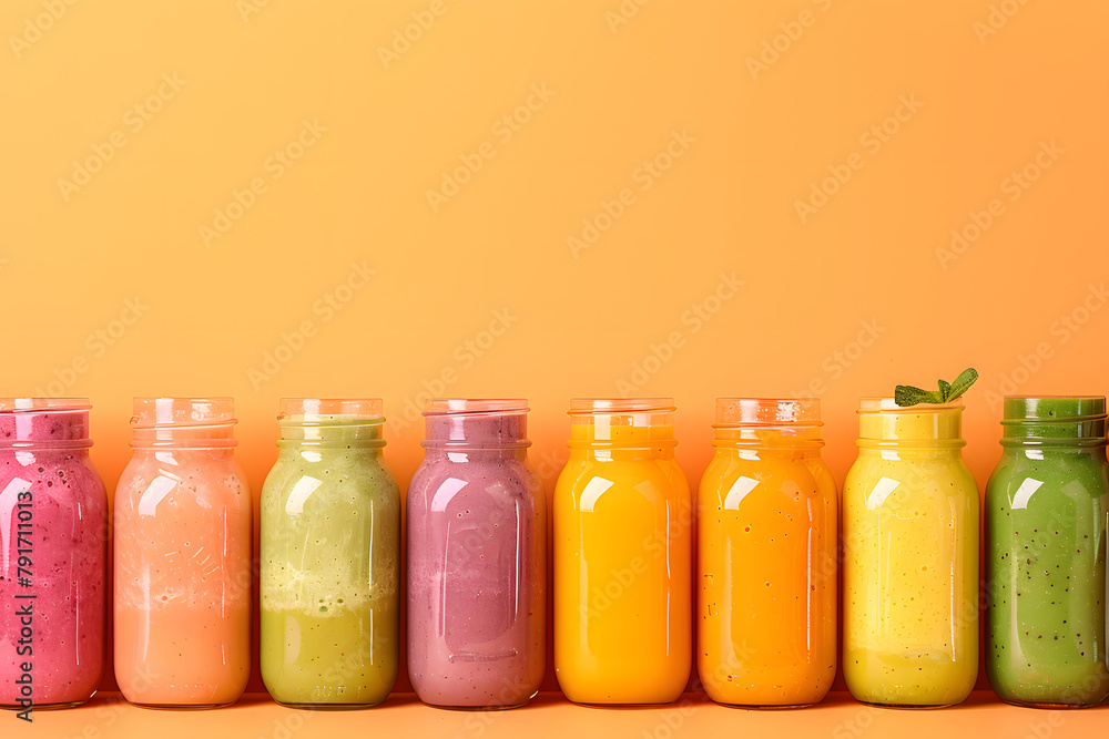 A colorful array of smoothies in transparent jars, lined up on a healthy lifestyle orange background, capturing the trend of summer refreshments A colorful array of smoothies in transparent jars, lined up on a healthy lifestyle orange background, capturing the trend of summer refreshments