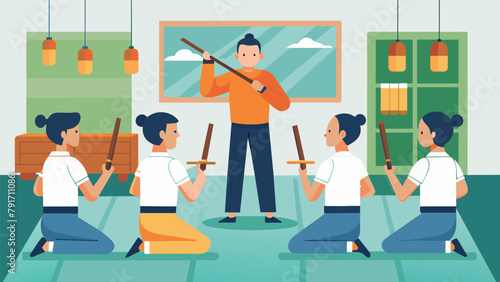 The training room echoes with the sound of clashing weapons as students practice their strikes and blocks with wooden weapons under the