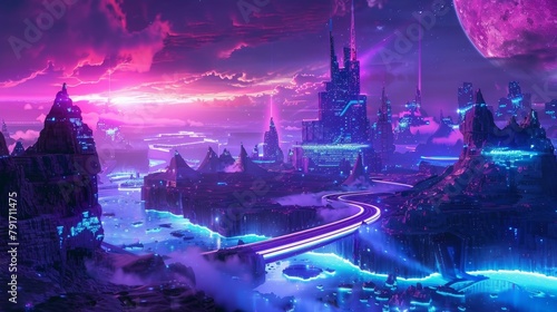 A futuristic 3D virtual reality world with neon lights and digital landscapes AI generated illustration