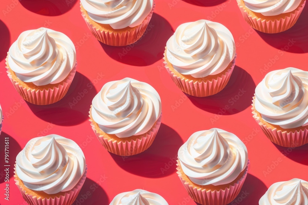 Delicious cupcakes with white frosting on a pink surface, perfect for bakery or dessert concepts Delicious cupcakes with white frosting on a pink surface, perfect for bakery or dessert concepts
