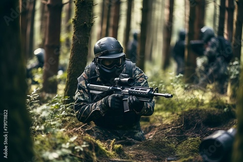 A soldier taking cover during a firefight in the forest