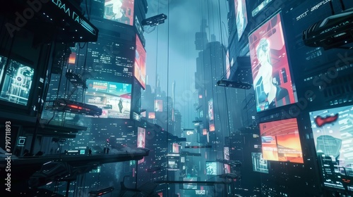 A futuristic cityscape with holographic billboards AI generated illustration