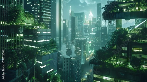 A futuristic cityscape with plants integrated into the architecture  AI generated illustration