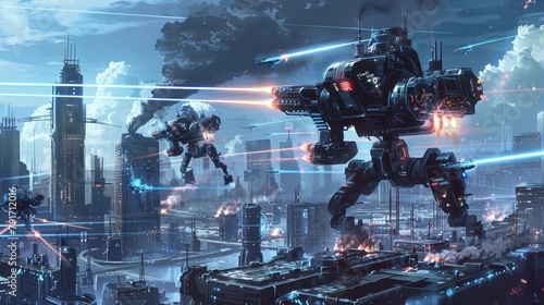 A futuristic cityscape with robots and cyborgs battling for control AI generated illustration