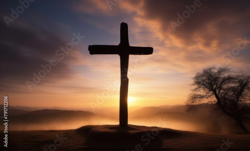 a historical image of an Orthodox Easter celebration with a photograph of a stark, weathered cross on a desolate hill.