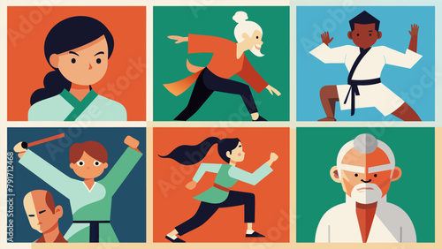 A series of photographs featuring people of different ages nationalities and backgrounds practicing martial arts showcasing the universal
