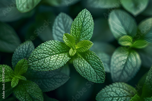 Plant Gene from Herbs and Leaves ,
Fresh spearmint common mackerel mint mentha spicata aromatic green plant Vertical close up
 photo