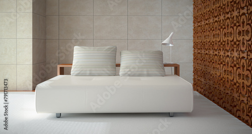 Contemporary bedroom with wooden wall paneling - 3D visualization