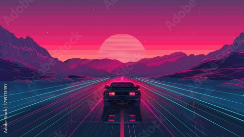 A Memphis-inspired design featuring a car drifting through a retro pixel art landscape AI generated illustration