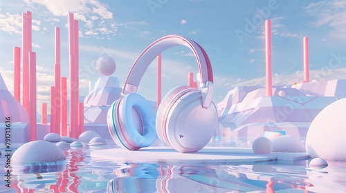 A modern 3D model of headphones floating in a surreal environment  AI generated illustration