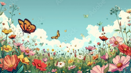 Nature: A coloring book illustration of a peaceful meadow filled with blooming wildflowers, butterflies, and bees buzzing around © MAY