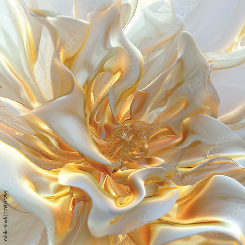 gold flower by white in the style of fluid dynamic brushwork