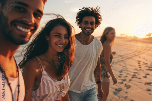 Group of happy smiling young friends walking on sunny summer beach at sunset