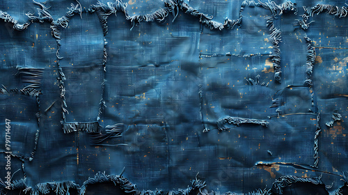 A blue background with frayed edges and a patchwork design. blue denim texture with threads photo