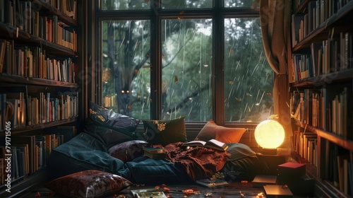 cozy reading nook bathed in soft lamplight  books and cushions arranged invitingly as rain patters against the windowpanes outside.