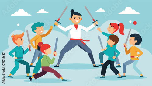 Students learn the importance of safety and control while practicing their strikes and blocks with bladed weapons under the supervision of a
