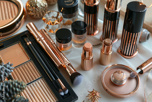 A flatlay of luxury makeup products with a rose gold theme