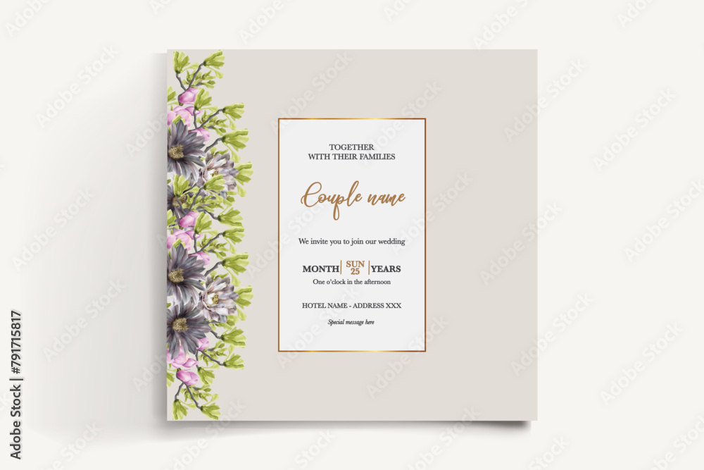 WEDDING INVITATION FRAME WITH FLOWER DECORATIONS WITH FRESH LEAVES