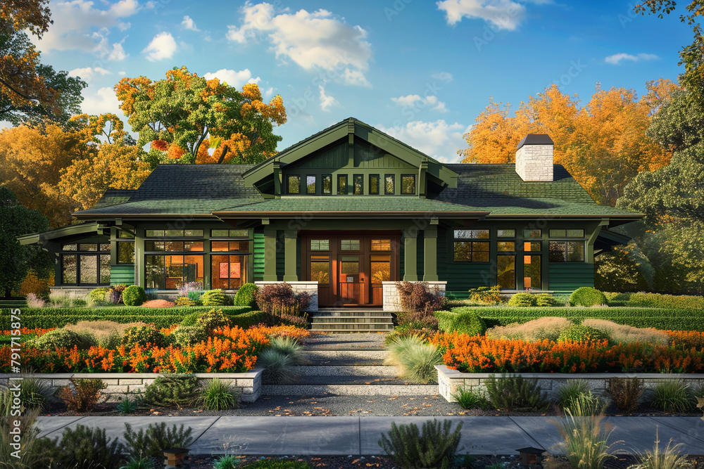 A front view of a rich emerald green craftsman cottage style home, with a triple pitched roof, surrounded by vibrant, well-kept garden beds and a smooth, inviting access route A front view of a rich emerald green craftsman cottage style home, with a triple pitched roof, surrounded by vibrant, well-kept garden beds and a smooth, inviting access route