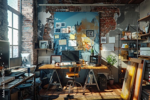 Modern loft office interior with old vintage brick wall. New Yorker Artistic workspace photo
