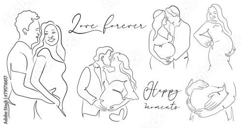 Set of happy moments pregnant couple with text in the line art style for parents day