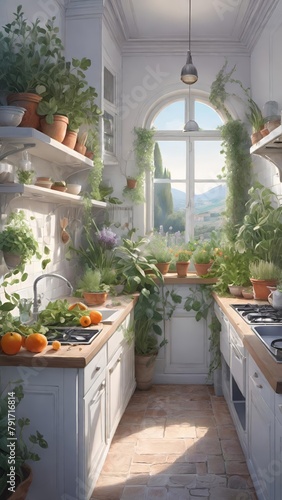 kitchen interior in Provence style, large French window and many plants