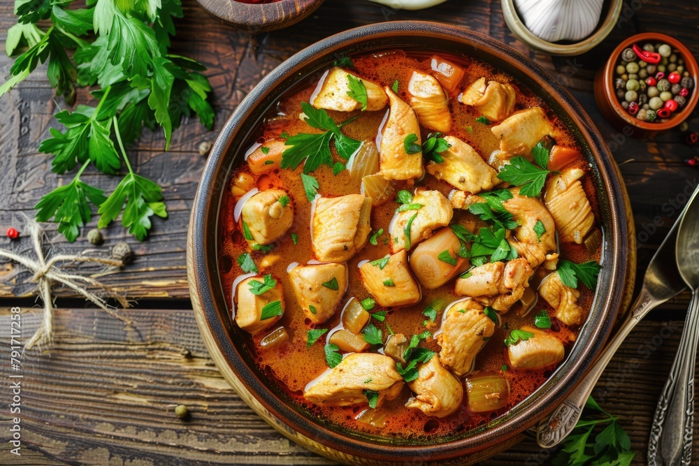A hearty bowl of stew with meat and vegetables, perfect for food-related projects A hearty bowl of stew with meat and vegetables, perfect for food-related projects
