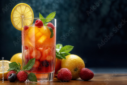 Fresco succo di frutta servito in un bicchiere trasparente, condito con fette di frutta fresca e ghiaccio photo
