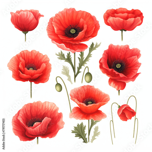 Bright red poppies set, artistic illustration, white background.