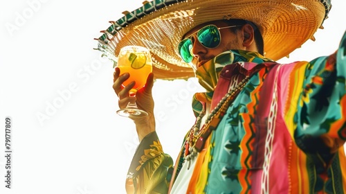 A man in a Mexican costume holding a drink. Perfect for fiesta or celebration concept