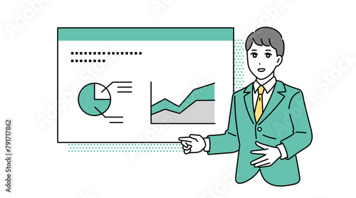 スライドを使ってプレゼンをする営業ビジネスパーソンのイラスト