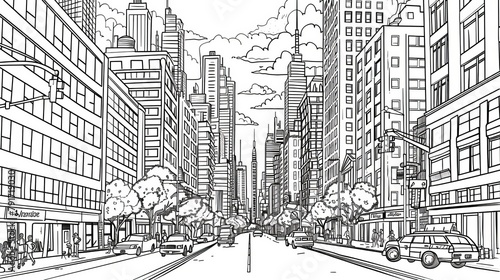 Place: A coloring book page featuring a bustling cityscape with skyscrapers