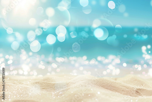 Tropical sand beach, ocean water sparkles against blue sky, summer vacation holiday defocused background