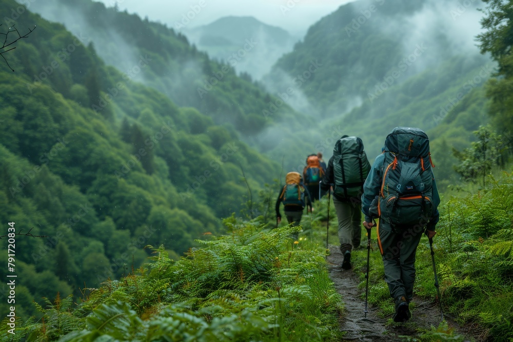A group of four backpackers are hiking up a mountain trail
