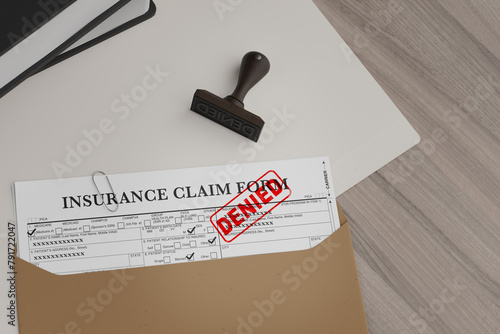 Document with denied stamp and a stamper  put on the  wooden table