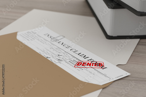 Document with denied stamp  put on the  wooden table
