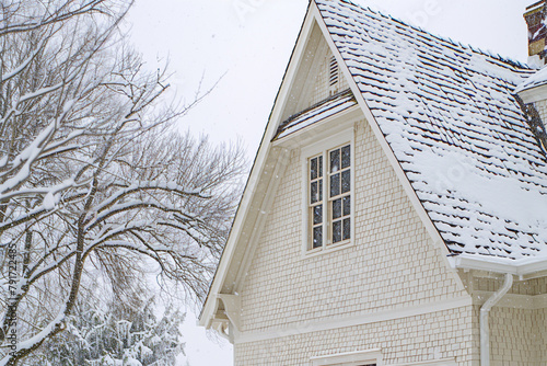 A unique angle showing the side of an ivory craftsman cottage with a mansard roof, during a light snowfall, creating a picturesque scene of quiet winter beauty.