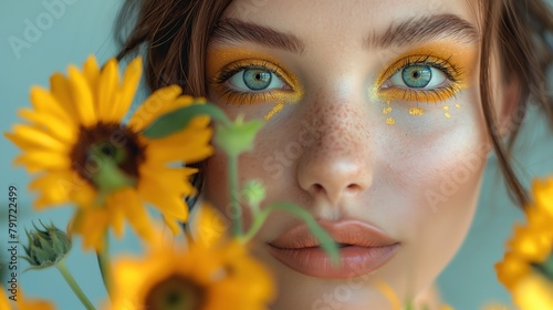 beautiful eyes make up  tan skin woman wearing sensual with yellow daisy and glitter glow eyeshadows  Generative Ai
