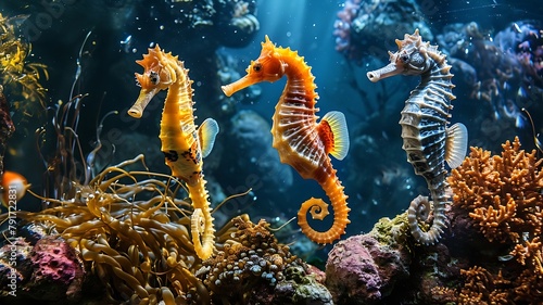 Group of Seahorses in a Coral Reef Showcasing Their Camouflage Among the Colorful Underwater Flora