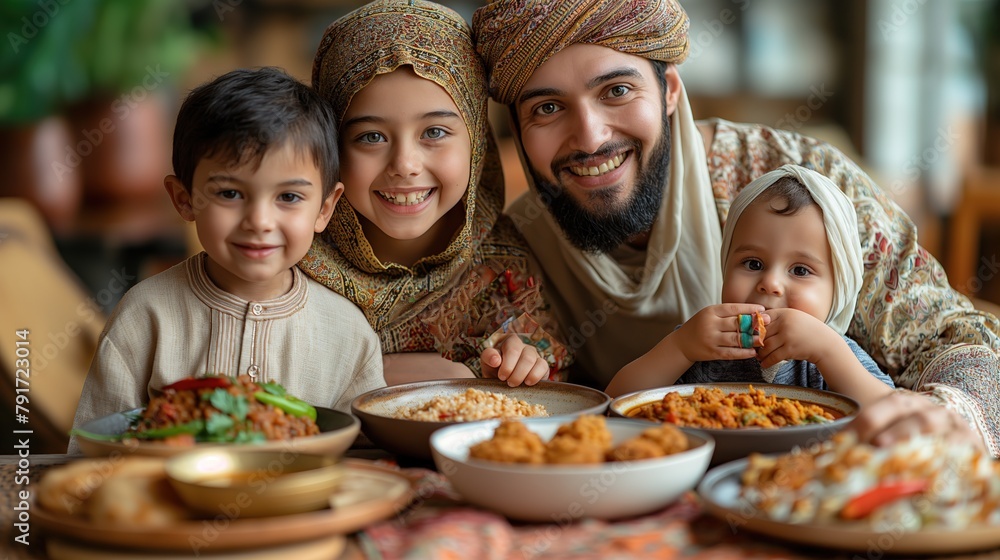 an Islamic father and children joyfully eating meal together, smiling taking family photo, Generative Ai