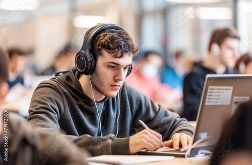 Focused Male Student Studying with Headphones at Library