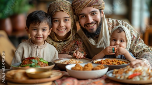 an Islamic father and children joyfully eating meal together  smiling taking family photo  Generative Ai