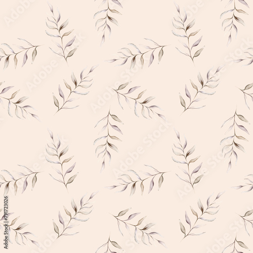 Watercolor seamless pattern with botanical autumn illustration branches. Autumn floral illustration. Hand painted drawing isolated on white background. Elegant floral herds pastel color. Cute plants