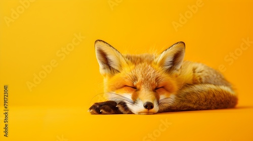 Adorable Sleeping Baby Fox Resting on Plain Yellow Background with Studio Lighting